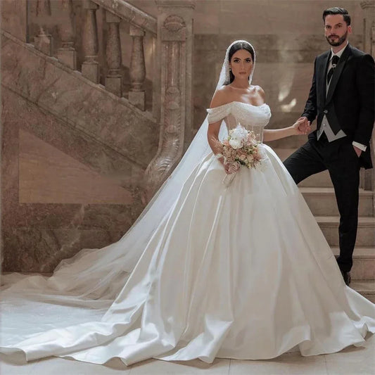 On Zhu Customize Retro Shiny Wedding Dresses Off Shoulder A-line Princess Bridal Dress Shiny Fluffy Wedding vestidos de novia - She Vibess By C2P