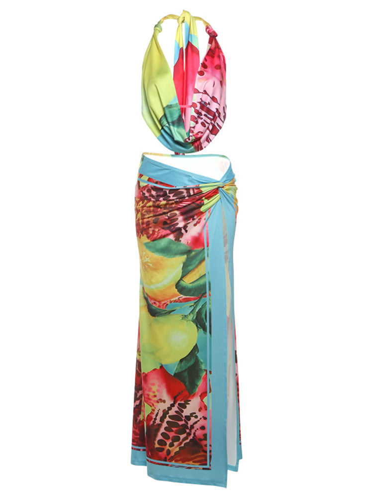 Weird Puss Colorful Leopard Women 2 Piece Set Y2K Beach Vacation Halter Tank Tops+Wrapped Maxi Skirts Matching Vacation Clubwear