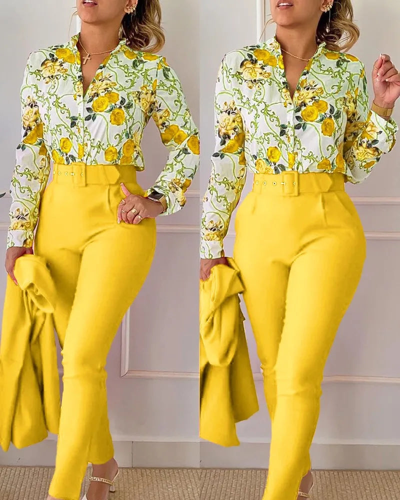 Autumn Winter Stand Neck Floral Print Long Sleeve Shirt Pants Two Piece Sets Elegant Women Casual Shirt Trousers Suits With Belt - She Vibess By C2P