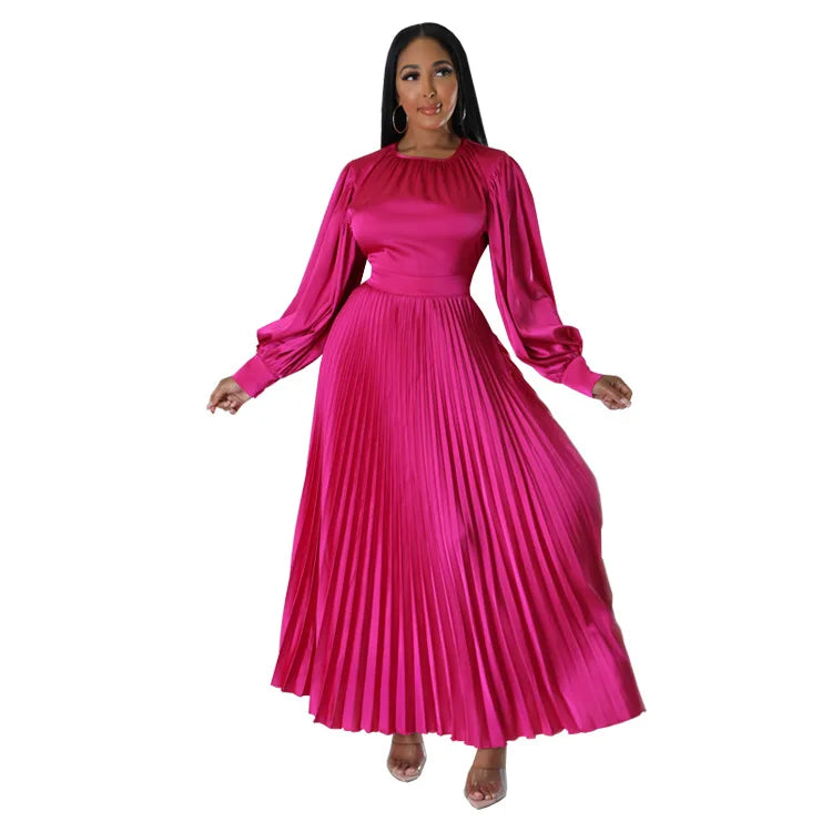 2024 Spring Pleated Loose Fit Maxi Dresses Women Solid Ruched Lantern Sleeve Party Evening Wedding Long Dress Women - She Vibess By C2P