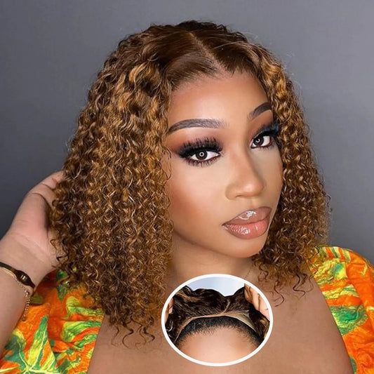 Deep Wave Honey Blonde Glueless Bob Wigs Human Hair Pre Plucked Pre Cut Highlight Wear and Go Curly Wigs Ombre HD Lace Front Wig - She Vibess By C2P