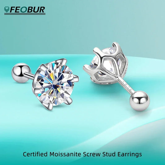 FEOBUR 0.2-2 Carat Moissanite Stud Earring Screw Backs S925 Silver Women Brilliant Diamond Ear Studs Party Fine Jewelry Gifts - She Vibess By C2P