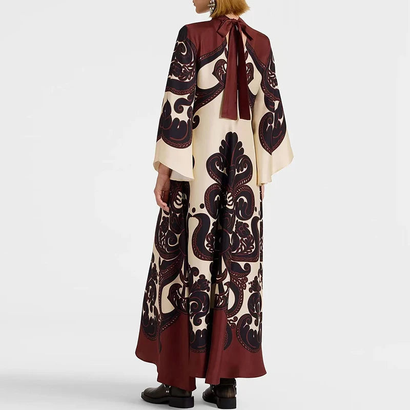 Ethnic Vintage Pattern Print Muslim Women Dresses Spring V Neck Lace-up Loose Long Dress Autumn 3/4 Flare Sleeve Boho Maxi Dress - She Vibess By C2P