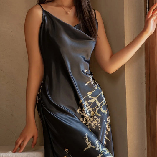 Print Flower Nightgown Female Chemise Sleepwear Home Dress Sexy Spaghetti Strap Nightdress Intimate Lingerie Silk Satin Homewear - She Vibess By C2P