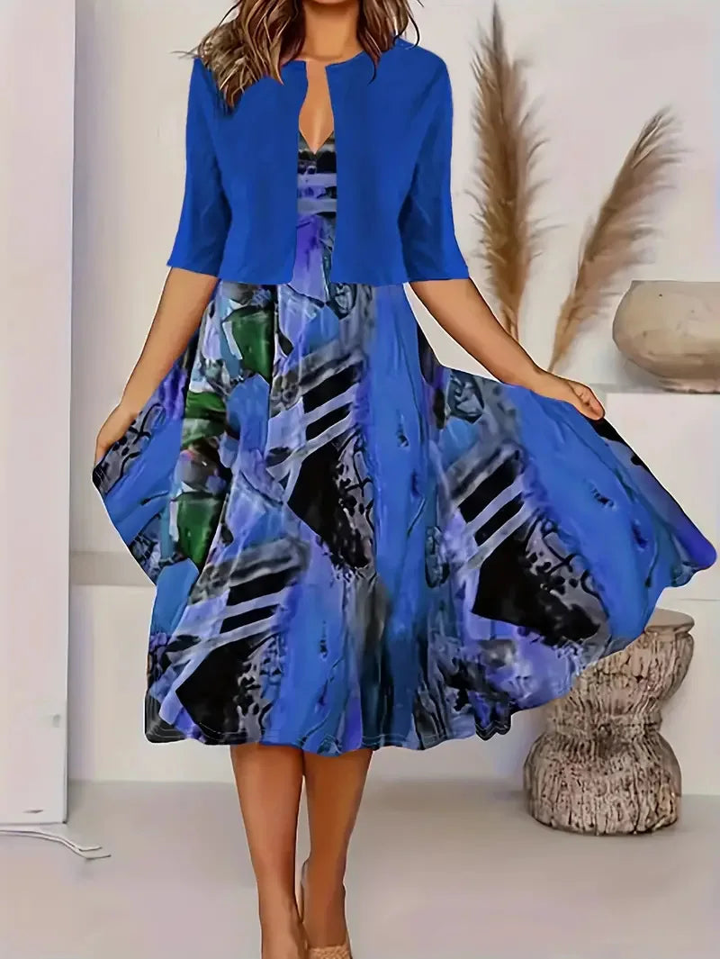2024 Europe and the United States autumn new women's long dress two-piece set of floral print round neck dress coat women - She Vibess By C2P