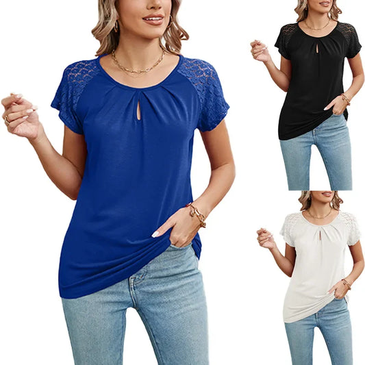 2025 New Women Summer Top Solid Round Neck Lace Patchwork Short Sleeved T-shirt Top Casual Tops Unique Tees Women's Clothing - She Vibess By C2P