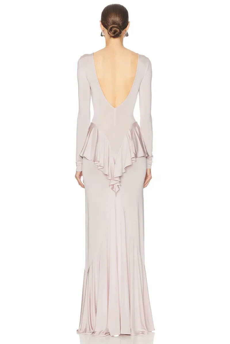 Mozision Backless Ruffled Sexy Maxi Dress For Women Gown Fashion O Neck Long Sleeve Thigh High Split Evening Long Dress Elegant - She Vibess By C2P