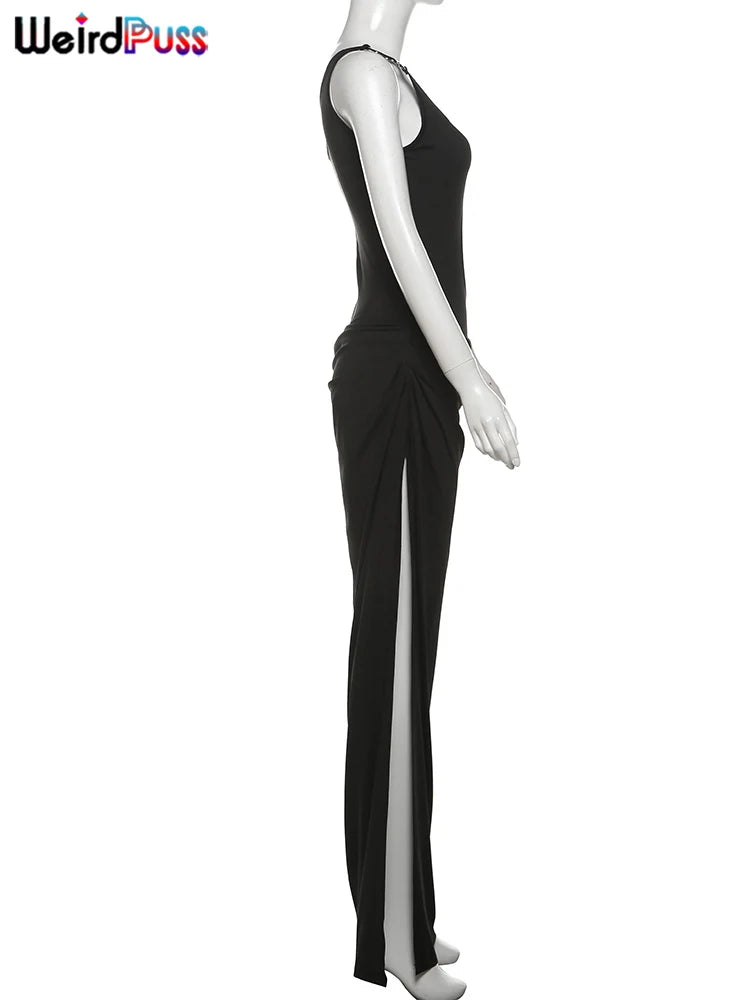 Weird Puss Metal Buckle Dress Women Irregular Hollow Split One Shoulder Skinny Ruched Waistless Midnight Clubwear Maxi Bodycon - She Vibess By C2P