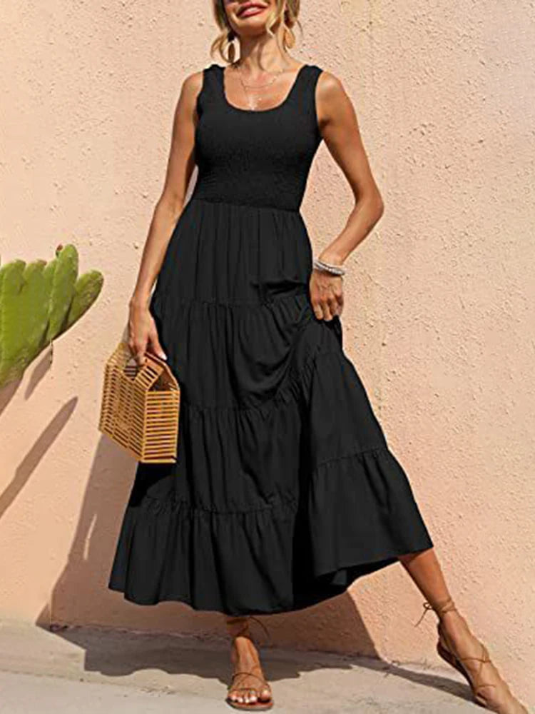 Dresses For Women 2024 Summer Sexy Elegant Sleeveless Floral Solid Color Long Dress Fashion Elastic Waist Beach Party Big Swing - She Vibess By C2P