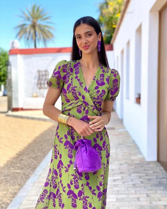 Summer Short Sleeve Print Long Dress Women Elegant Party Sexy Slim V Neck Green Dresses Elegantes Street Evening Vestidos - She Vibess By C2P