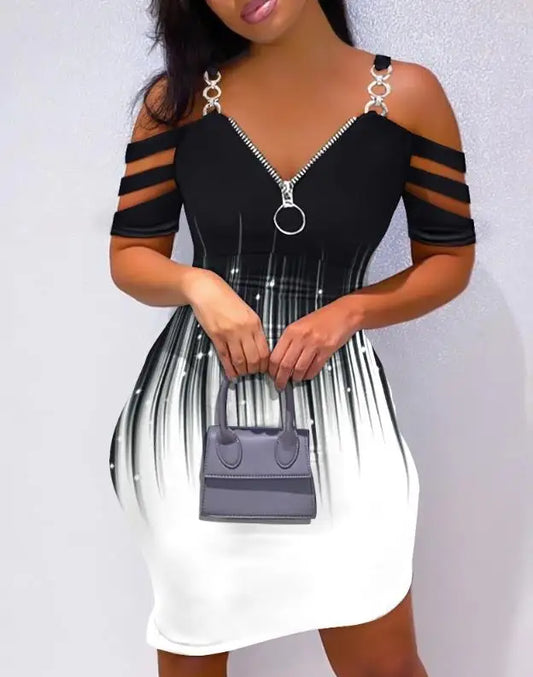 New Fashion 2025 Summer Casual Sexy Colorblock Cold Shoulder Bodycon Skinny Mini Dress Elegant Dresses for Women - She Vibess By C2P
