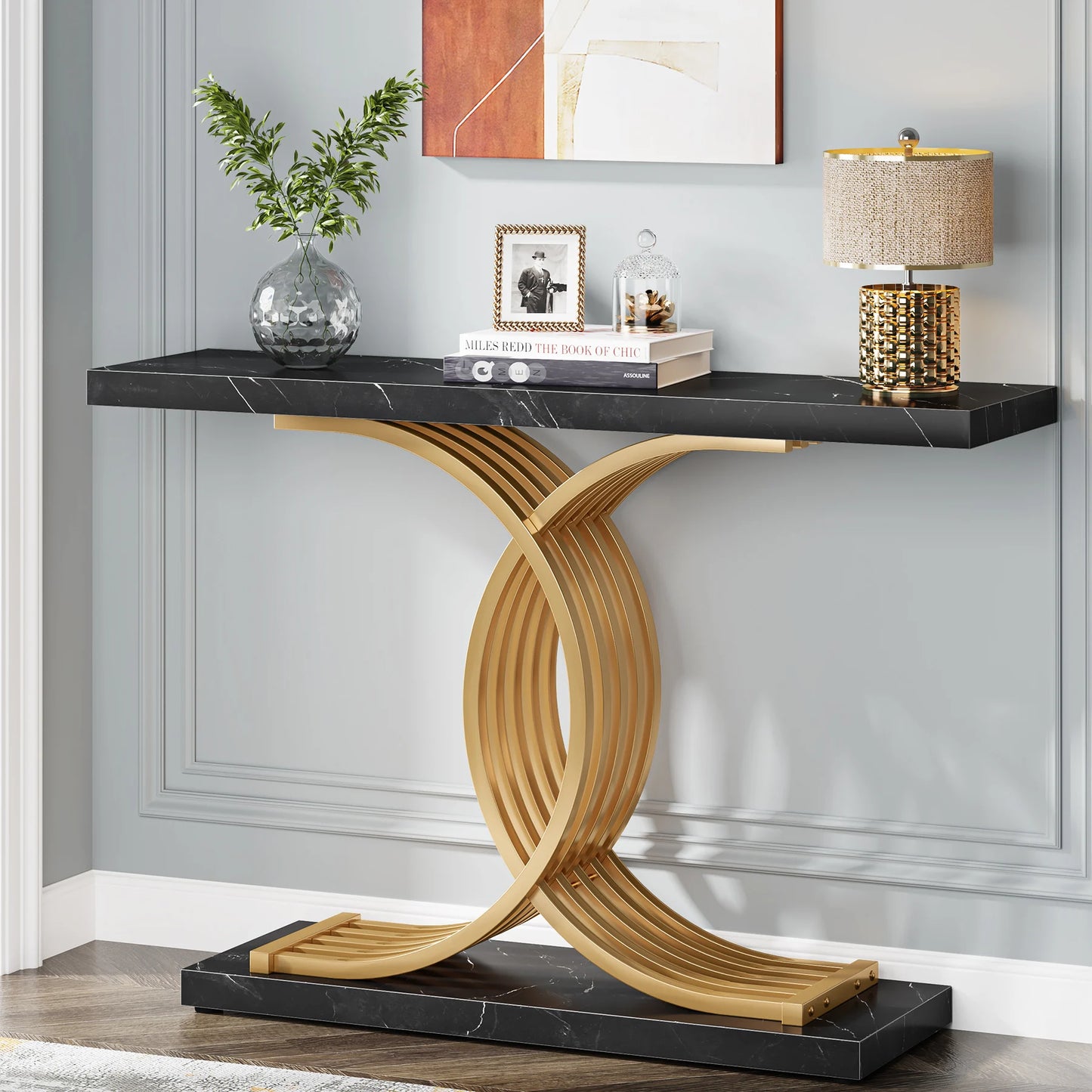 Tribesigns Gold Entryway Table, Modern 39-Inch Console Faux Marble Narrow Wood Sofa with Geometric Metal Legs - She Vibess By C2P