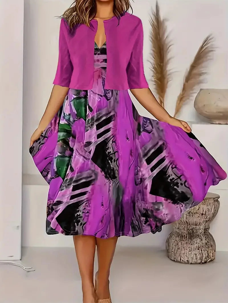 2024 Europe and the United States autumn new women's long dress two-piece set of floral print round neck dress coat women - She Vibess By C2P