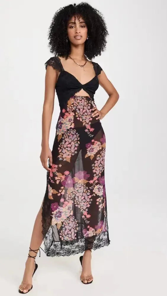 Summer New Lace Backless Shoulder Strap Splicing Slit Pattern Long Dress Women's Clothing - She Vibess By C2P