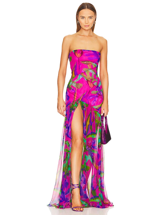 Summer Strapless Floral Printed Long Dress Women Fashion Sleeveless Print Split Maxi Dress Elegant Beach Party Evening Dresses - She Vibess By C2P