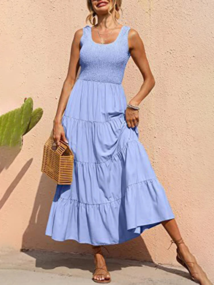 Dresses For Women 2024 Summer Sexy Elegant Sleeveless Floral Solid Color Long Dress Fashion Elastic Waist Beach Party Big Swing - She Vibess By C2P