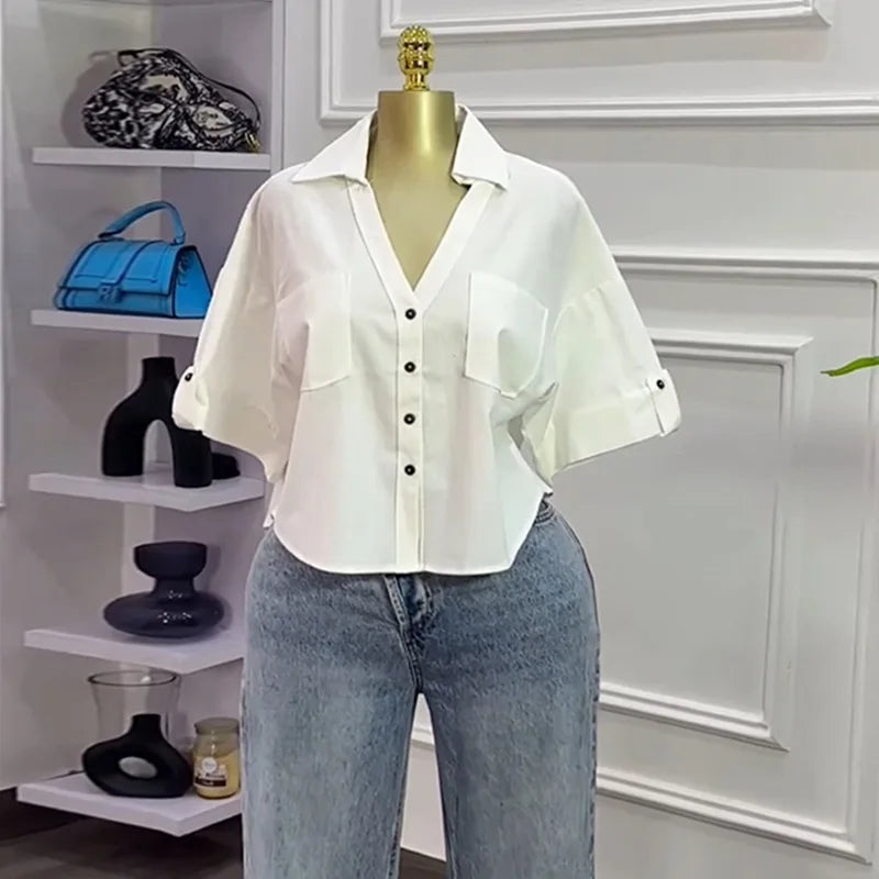 CM.YAYA 2025 Fall Autumn Women Half Sleeve Single Breasted Blouse and Shirt V-neck Pockets Street Casual Loose OL Tops Shirts