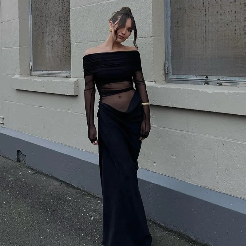 Y2k Summer New Solid Color Long Sleeve Off Shoulder Dresses Sexy Wrap Hip Mesh See Through Ruched Patchwork Long Dress 2024 New - She Vibess By C2P