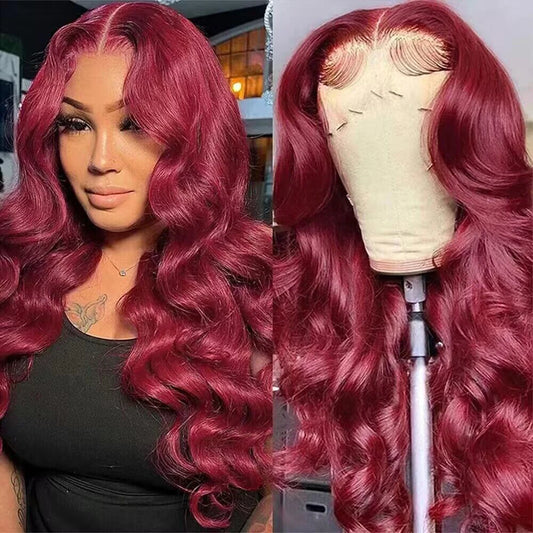 200 Density 99J Burgundy 30 36 Inch HD PrePlucked Transparent Remy Body Wave 13x4 13x6 Lace Frontal Wig Human Hair For Women - She Vibess By C2P