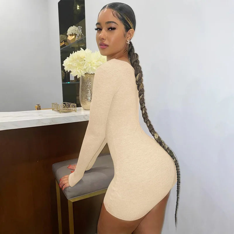 Vestido con cremallera de color puro, estilo callejero, largo básico, midi, cuello redondo, manga larga, fibra de poliéster, tendencia de moda de temporada de primavera.