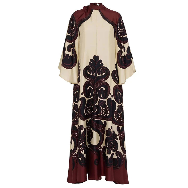 Ethnic Vintage Pattern Print Muslim Women Dresses Spring V Neck Lace-up Loose Long Dress Autumn 3/4 Flare Sleeve Boho Maxi Dress - She Vibess By C2P