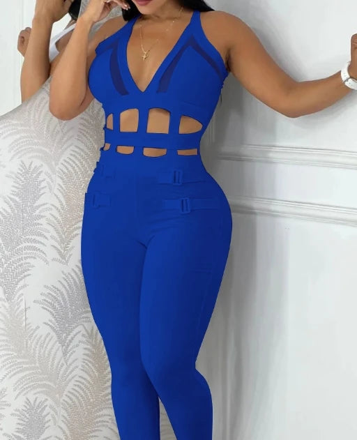 Women's jumpsuit 2025 summer new sleeveless new fashionable hollow camisole buckle comparison mesh tight jumpsuit - She Vibess By C2P