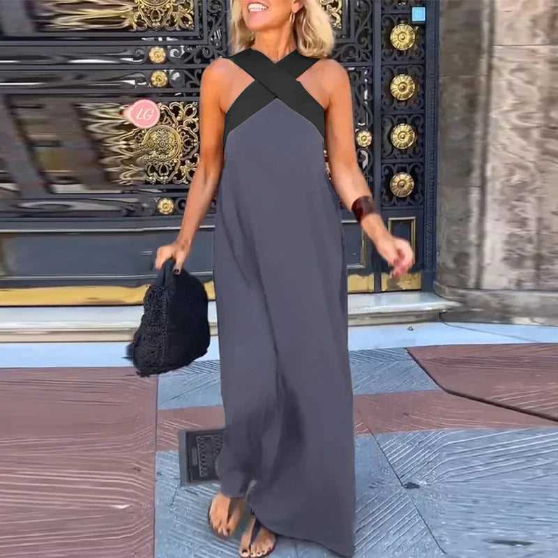 2025 New Summer Women's Halter Color Blocked Long Dress Casual Loose Beach Dress Fashion Off Shoulder Multi-color Holiday Dress