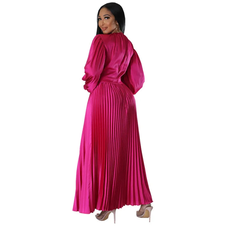 2024 Spring Pleated Loose Fit Maxi Dresses Women Solid Ruched Lantern Sleeve Party Evening Wedding Long Dress Women - She Vibess By C2P