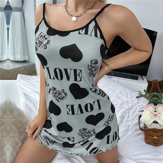 Summer New Women's Nightgown Beauty Back Thin Section Of Home Wear Sexy Halter Short Skirt Love Cartoon Cute Printing Pajamas - She Vibess By C2P