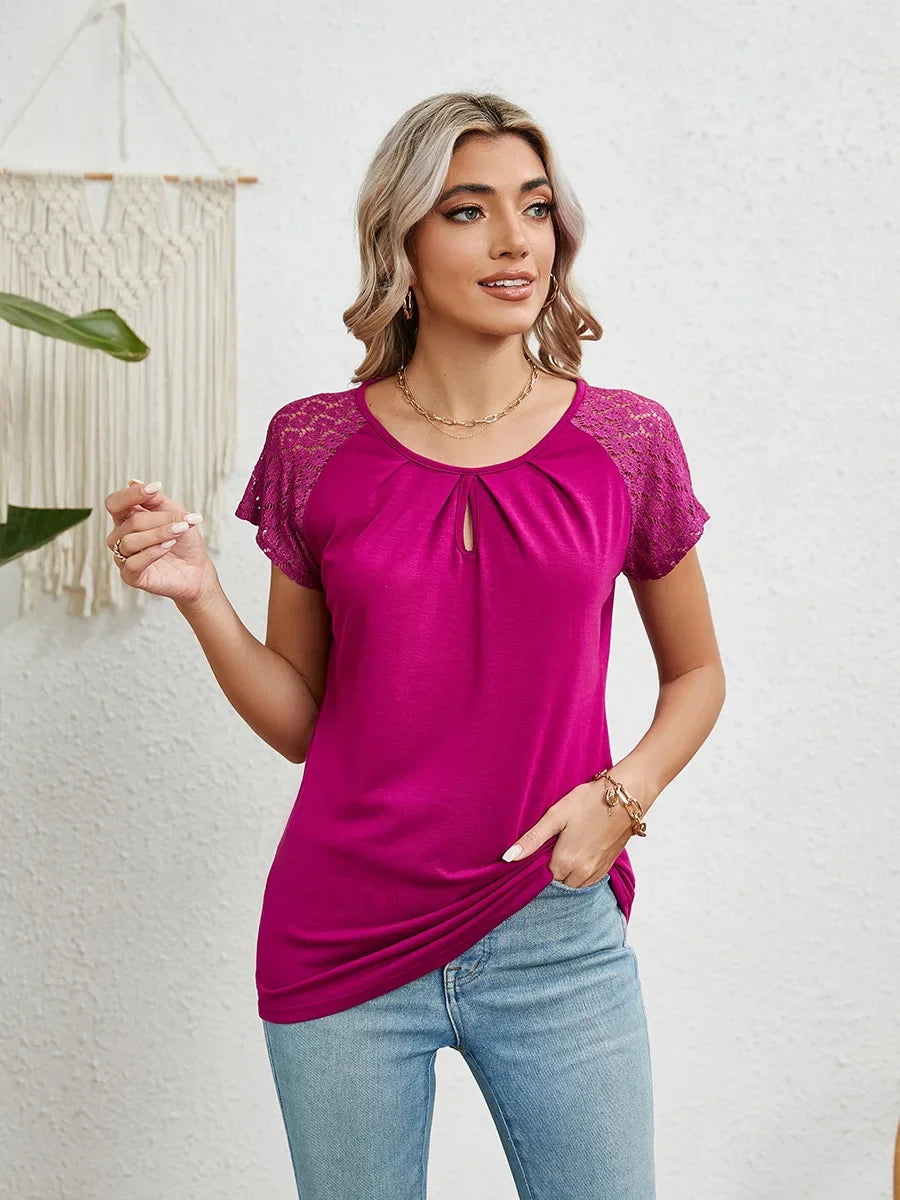 2025 New Women Summer Top Solid Round Neck Lace Patchwork Short Sleeved T-shirt Top Casual Tops Unique Tees Women's Clothing - She Vibess By C2P