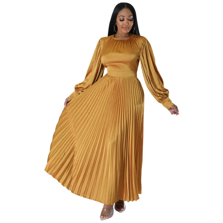 2024 Spring Pleated Loose Fit Maxi Dresses Women Solid Ruched Lantern Sleeve Party Evening Wedding Long Dress Women - She Vibess By C2P