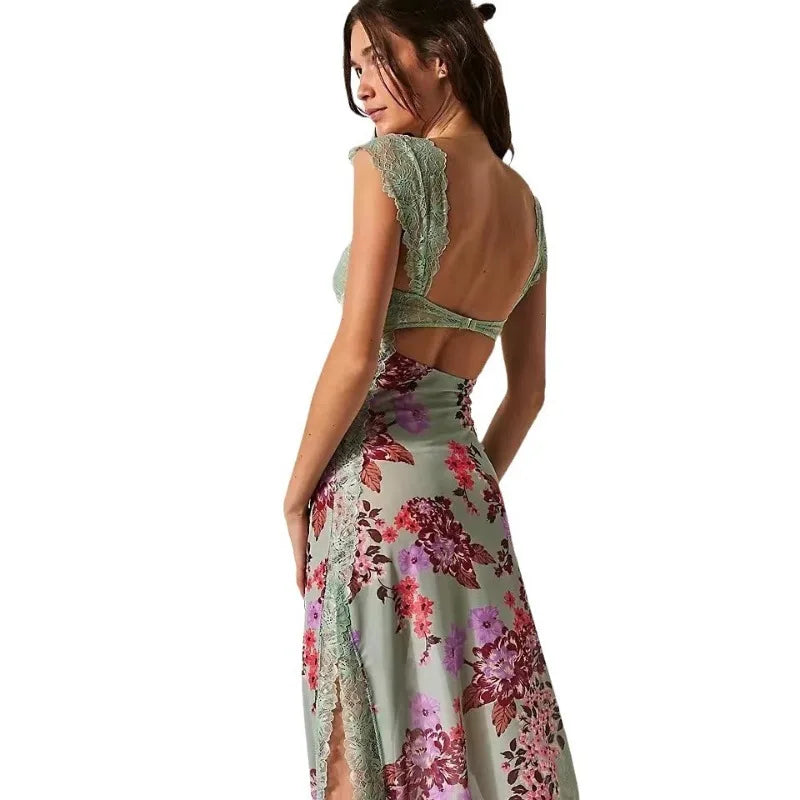 Summer New Lace Backless Shoulder Strap Splicing Slit Pattern Long Dress Women's Clothing - She Vibess By C2P