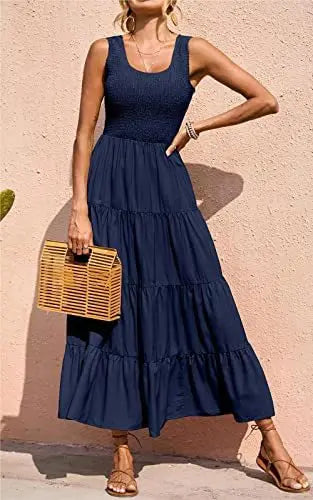 Dresses For Women 2024 Summer Sexy Elegant Sleeveless Floral Solid Color Long Dress Fashion Elastic Waist Beach Party Big Swing - She Vibess By C2P