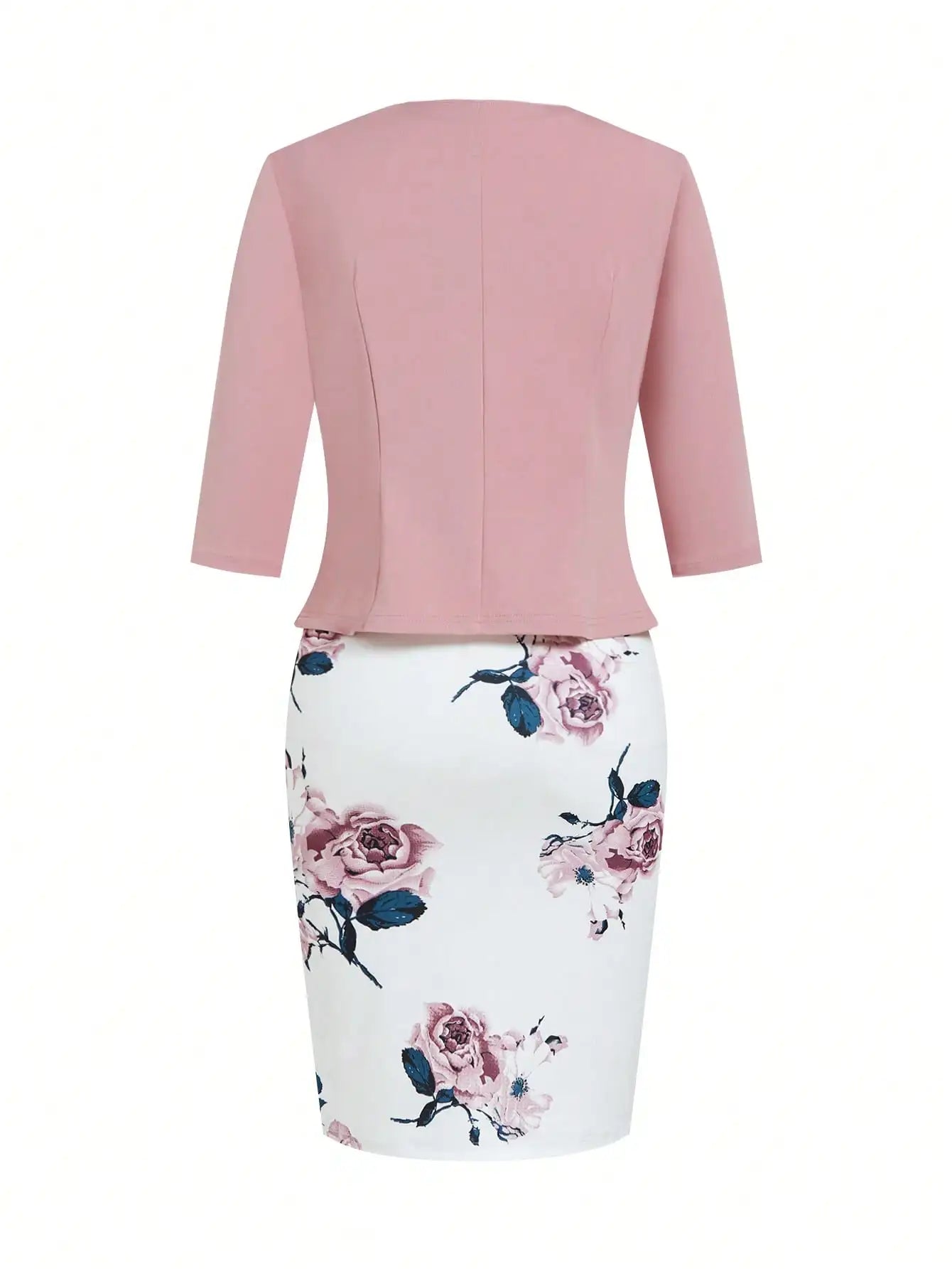 2-Piece Women's Floral Print Bodycon Dress with Pink 3/4 Sleeve Cardigan Set
