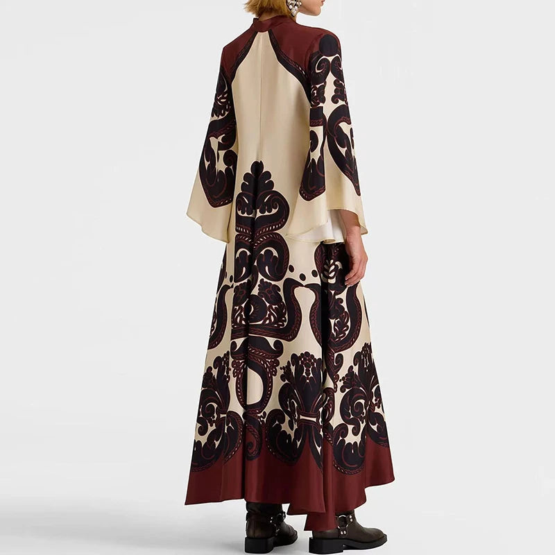Ethnic Vintage Pattern Print Muslim Women Dresses Spring V Neck Lace-up Loose Long Dress Autumn 3/4 Flare Sleeve Boho Maxi Dress - She Vibess By C2P