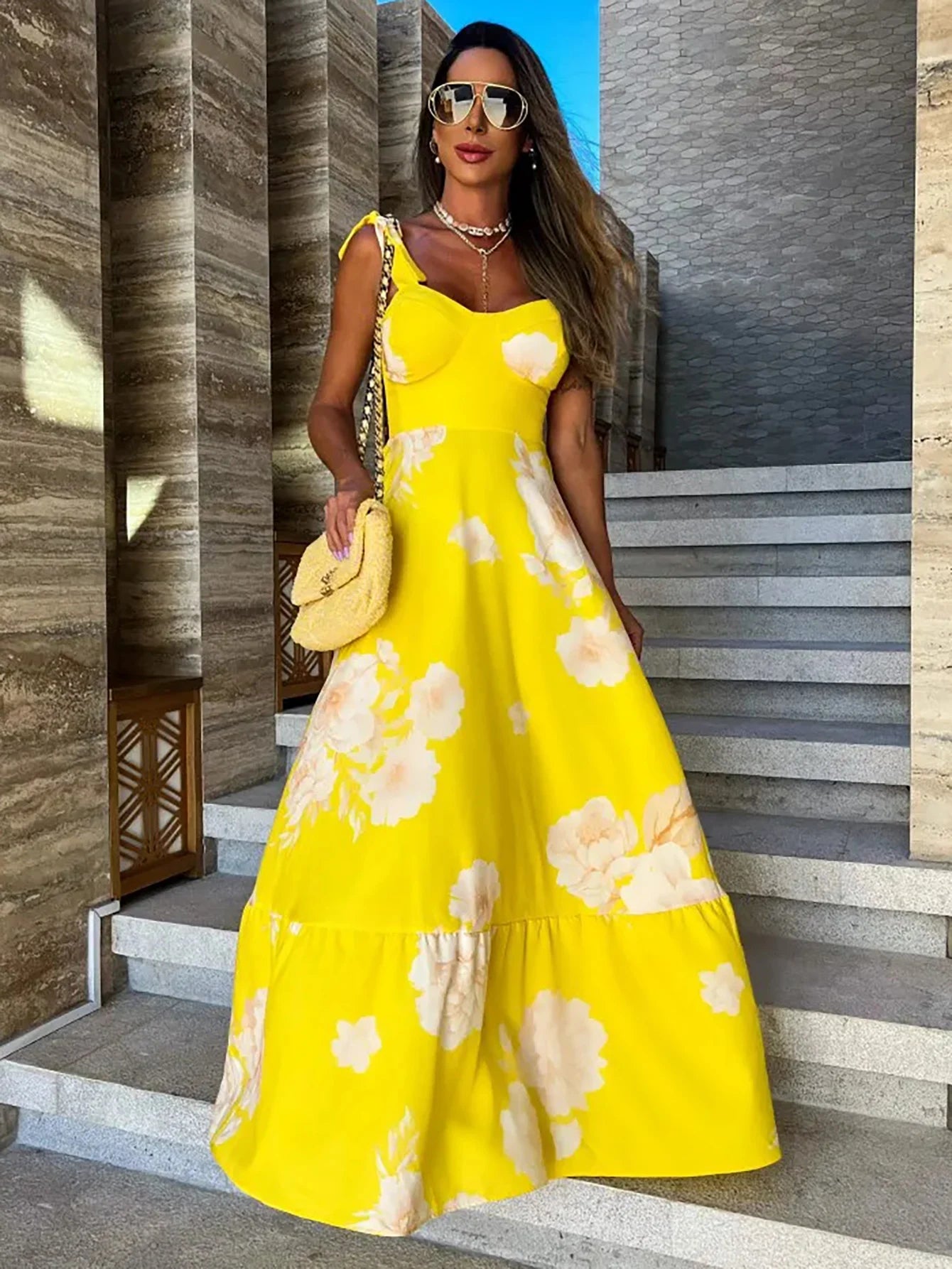 Summer Print Long Dress Women Clothing Lace Up Sling Party Dresses Pattern Strappy Ladies Hollow Out V-Neck Beach Vestidos - She Vibess By C2P