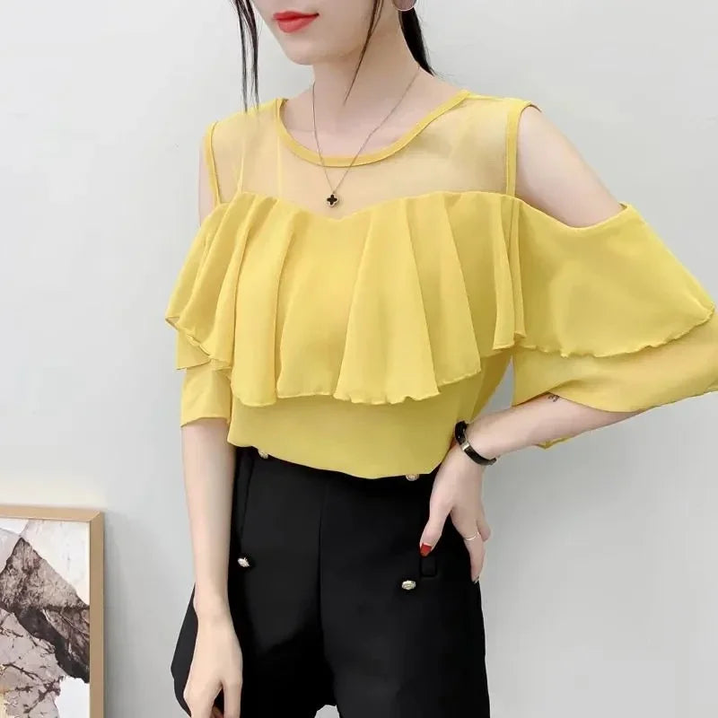 Off Shoulder Sexy Chiffon Blouses Women 2025 Summer Korean Fashion Clothes Ruffles Slim Sweet Ladies Casual Lace Tops Shirts Y2k