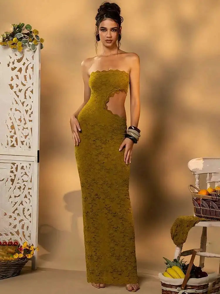Blifanbo Backless Sexy Off-shoulder Maxi Dress Women Lace Sleeveless Strapless Hollow Out Skinny Club Party Long Dress Elegant - She Vibess By C2P