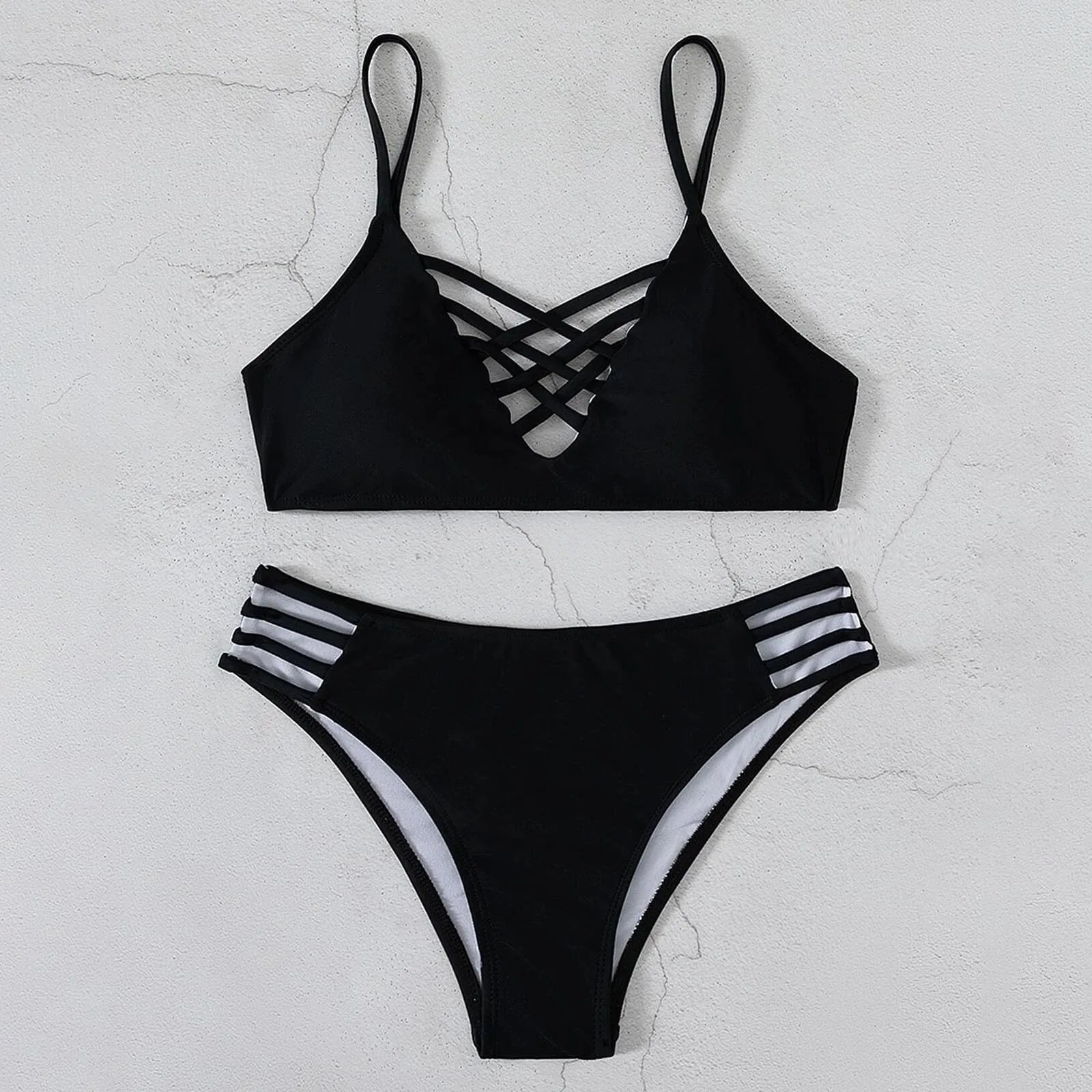 Swimsuits for Ladies Solid Color Hollow Up Swimsuit Women's Beach Temperament Tight Sexy Split Ladies Swimsuits with Shorts - She Vibess By C2P
