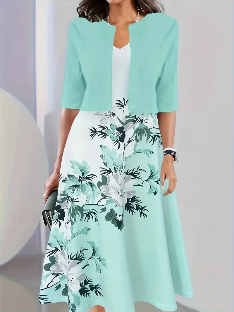 2024 Europe and the United States autumn new women's long dress two-piece set of floral print round neck dress coat women - She Vibess By C2P
