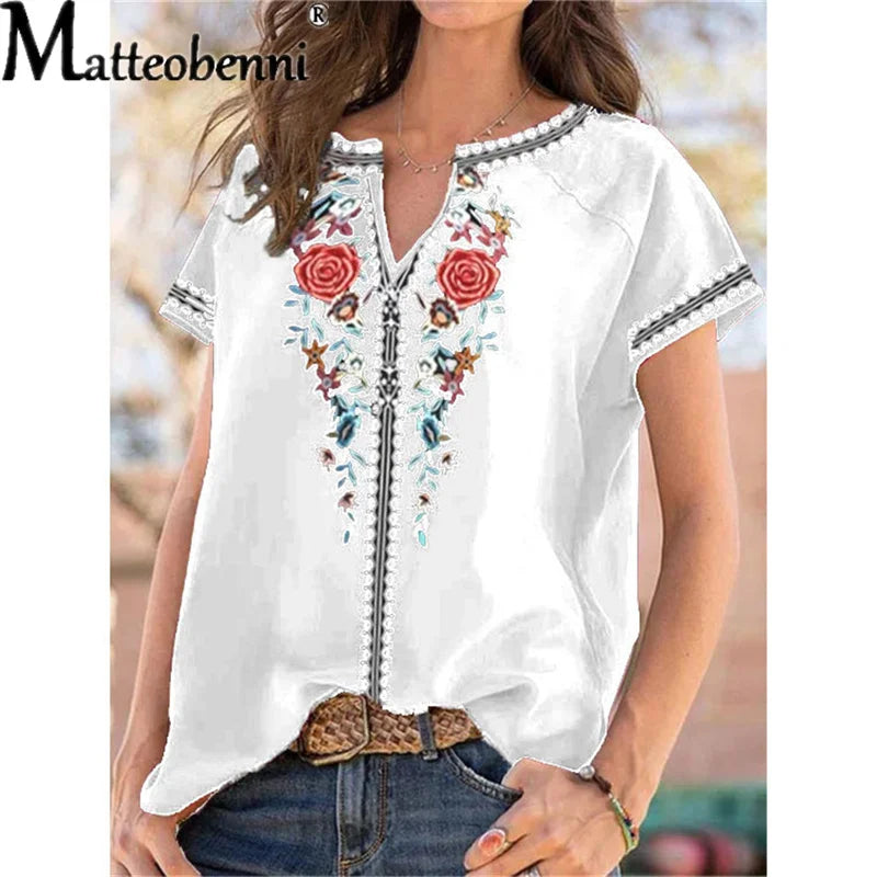 Summer Women Urban Leisure V Neck Print Short Sleeve T-Shirt Ladies Ethnic Style Casual Loose Boho Retro Harajuku Oversized Tops - She Vibess By C2P