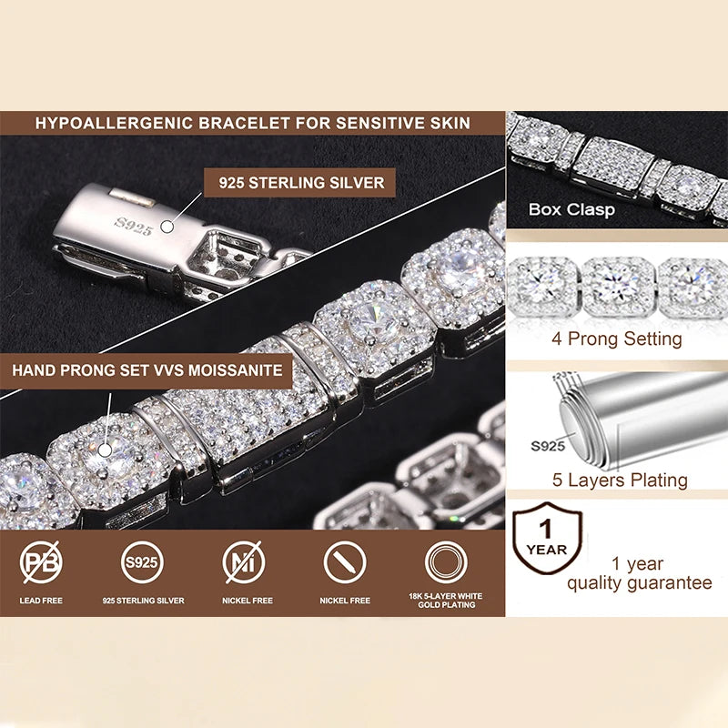 Iced Out Moissanite Halo Tennis Bracelet for Women Men S925 Sterling Silver 18k Gold Plated Jewelry with GRA Bracelets Gifts - She Vibess By C2P