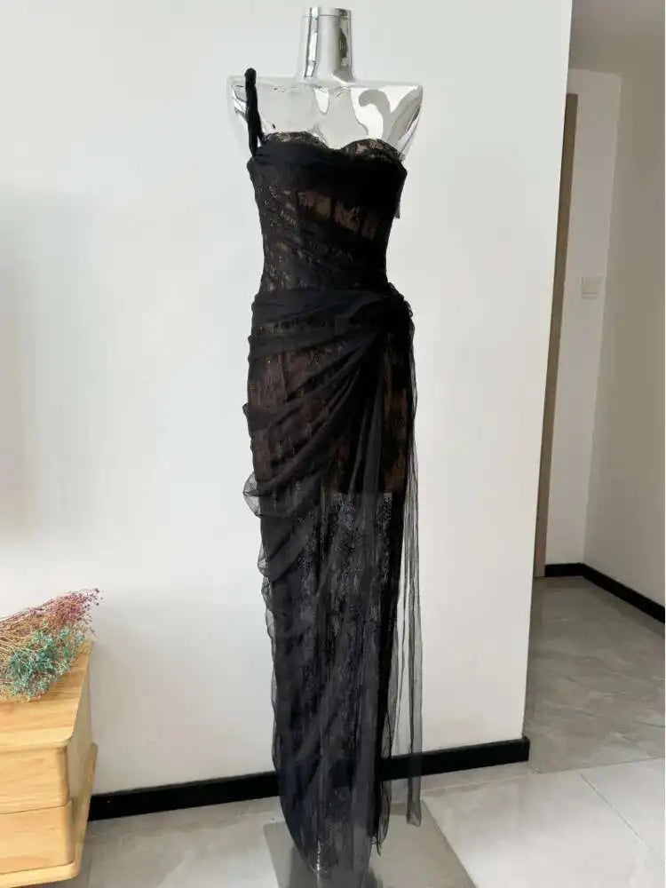 DEAT Women's Single Shoulder Spliced Lace Slit Long Dress 2025 Summer Solid Color Zipper Sleeveless Split Elegant Dresses 15C455 - She Vibess By C2P
