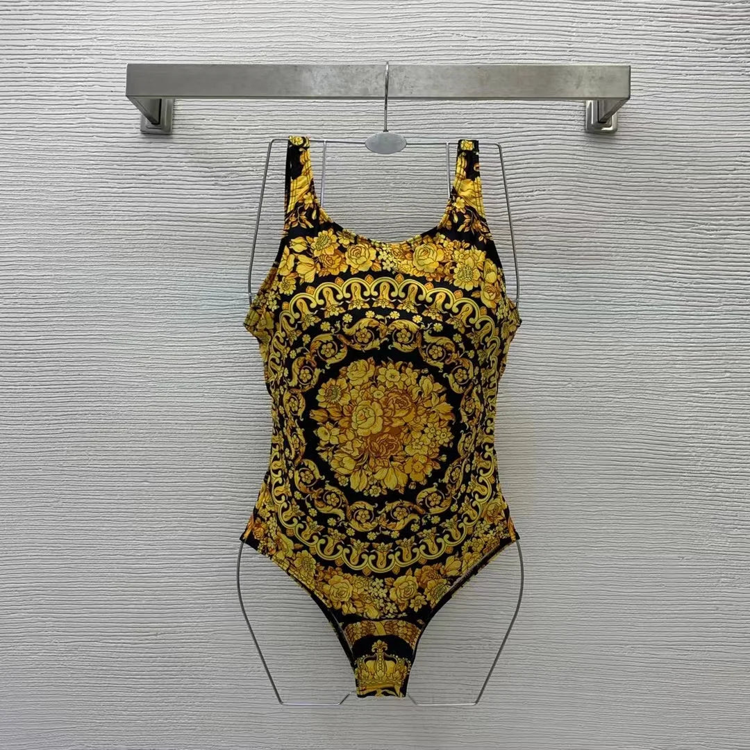Fashion Design Bikini Sets Women's Gold Flower Pattern Swimsuits Designer Brand Women's Sexy Swimwear Backless Beach Swimsuits - She Vibess By C2P