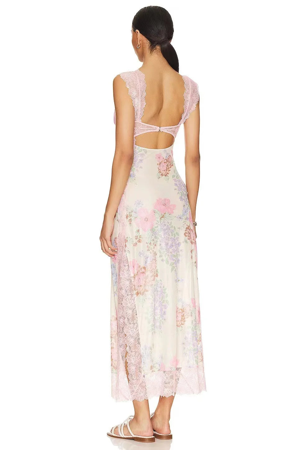 Summer New Lace Backless Shoulder Strap Splicing Slit Pattern Long Dress Women's Clothing - She Vibess By C2P