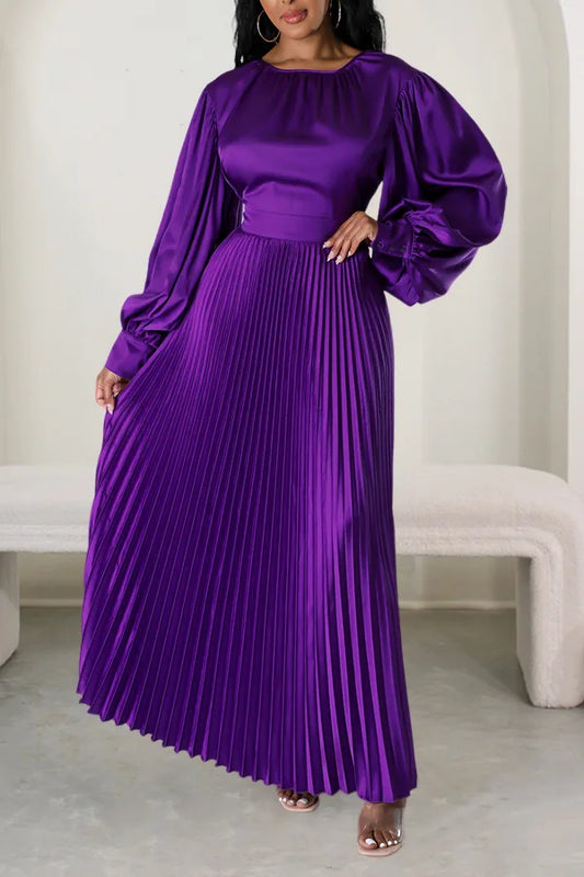 2024 Spring Pleated Loose Fit Maxi Dresses Women Solid Ruched Lantern Sleeve Party Evening Wedding Long Dress Women - She Vibess By C2P