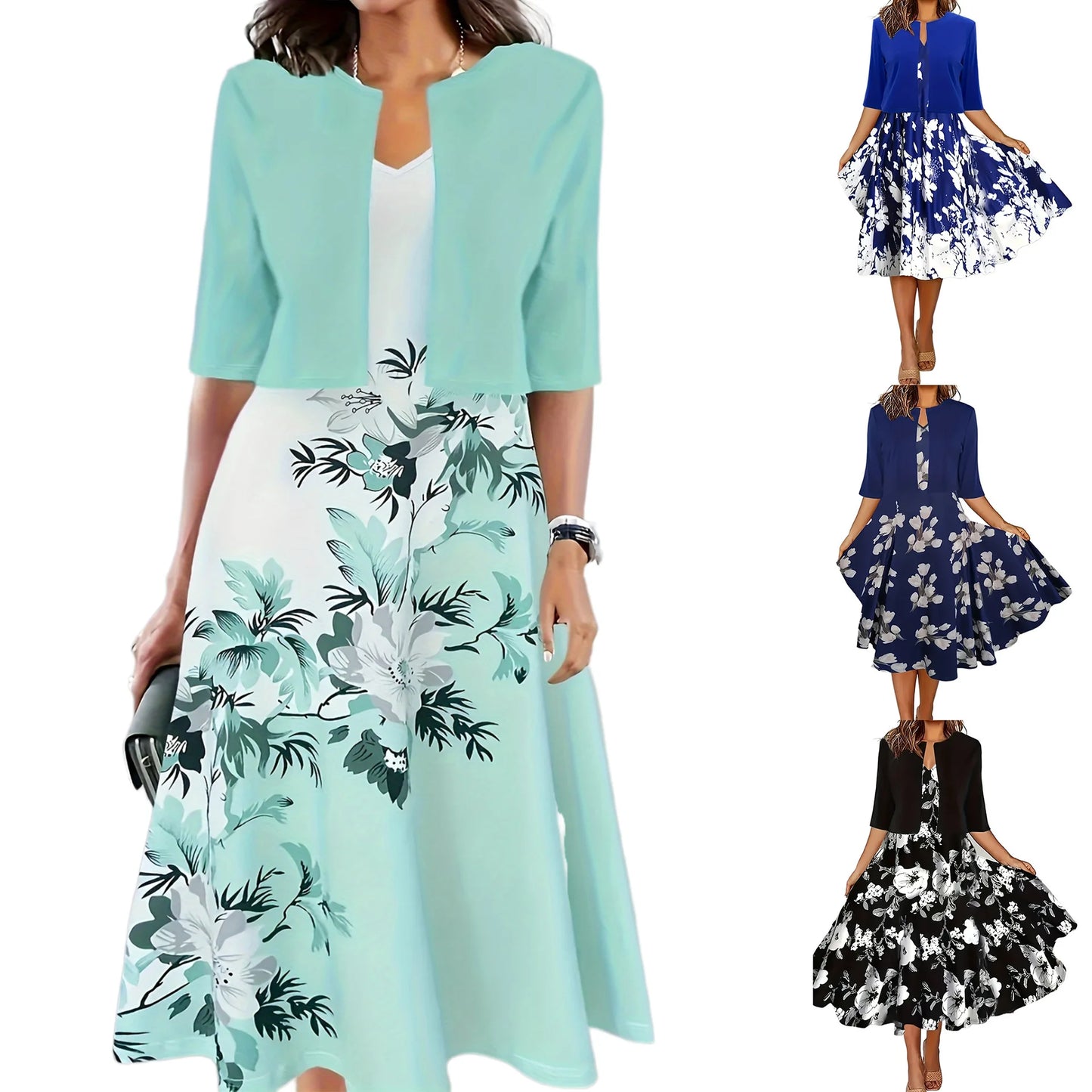 2024 Europe and the United States autumn new women's long dress two-piece set of floral print round neck dress coat women - She Vibess By C2P