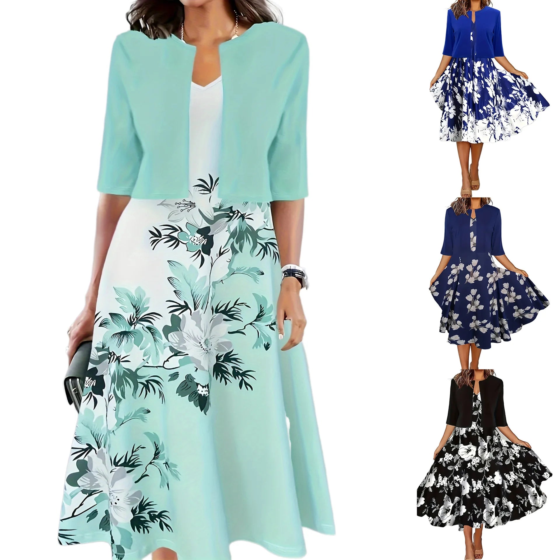 2024 Europe and the United States autumn new women's long dress two-piece set of floral print round neck dress coat women - She Vibess By C2P