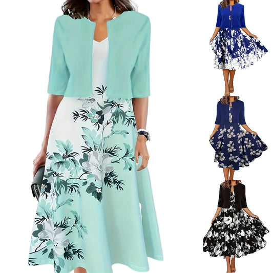 2024 Europe and the United States autumn new women's long dress two-piece set of floral print round neck dress coat women - She Vibess By C2P