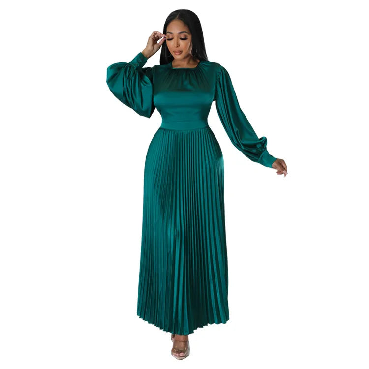 2024 Spring Pleated Loose Fit Maxi Dresses Women Solid Ruched Lantern Sleeve Party Evening Wedding Long Dress Women - She Vibess By C2P